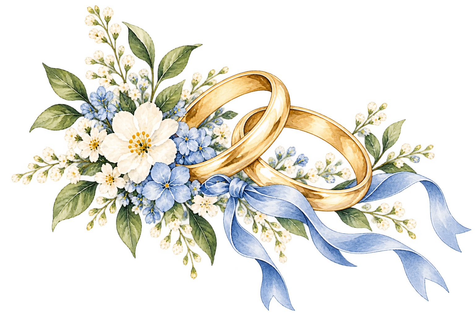 Watercolor wedding rings surrounded by blue and ivory flowers