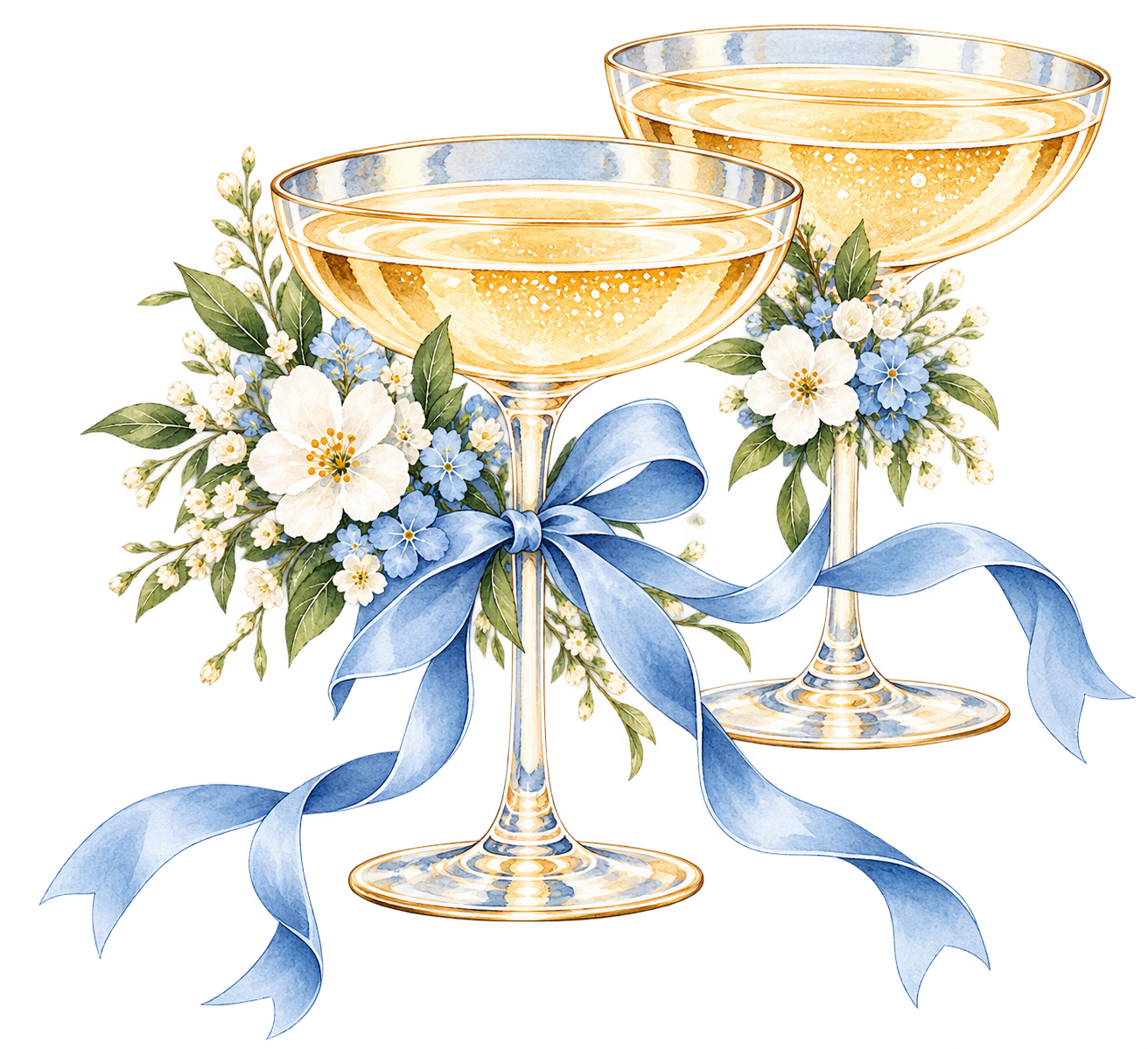 Watercolor champagne cocktails with blue ribbon and flowers