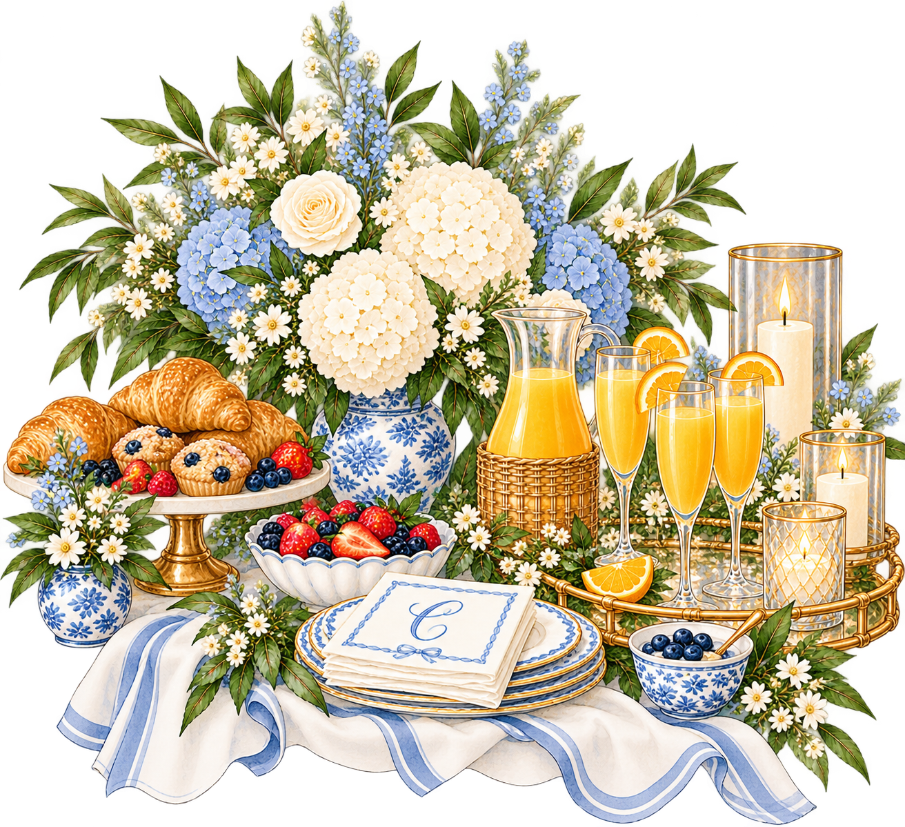 Watercolor farewell brunch with flowers, fruit, orange juice, and champagne