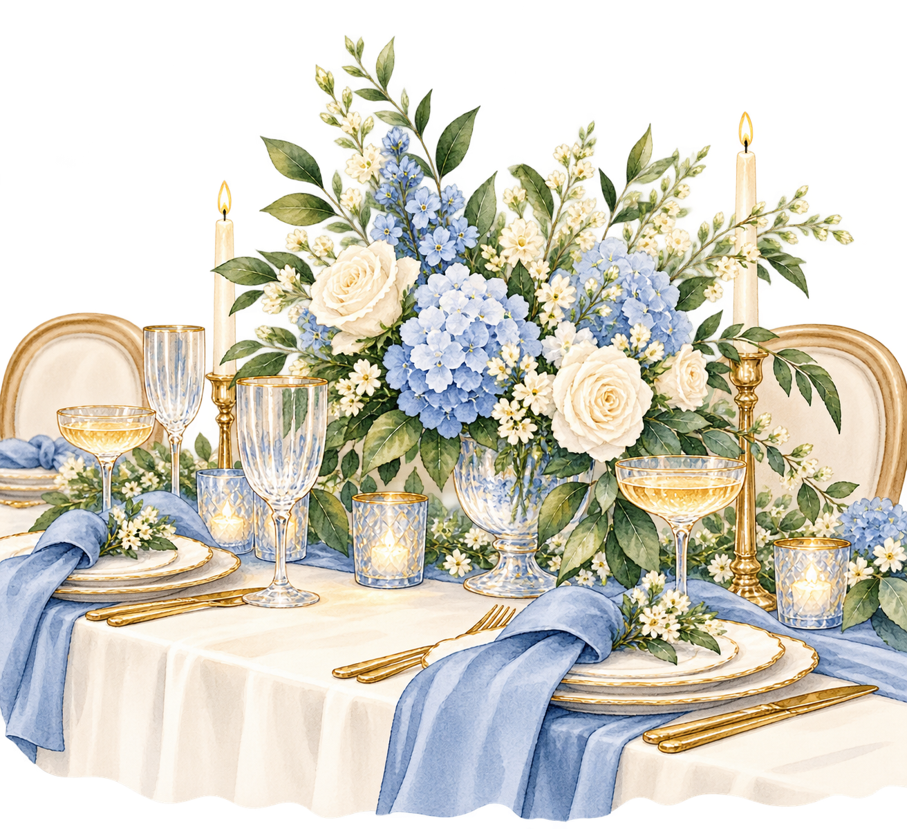 Watercolor formal wedding reception table with blue and ivory flowers