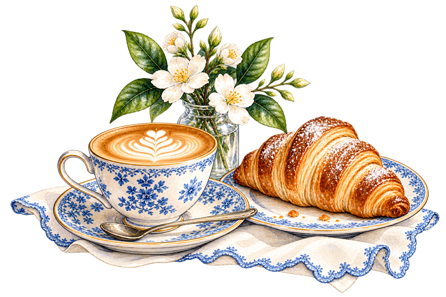 Watercolor coffee, croissant and flowers