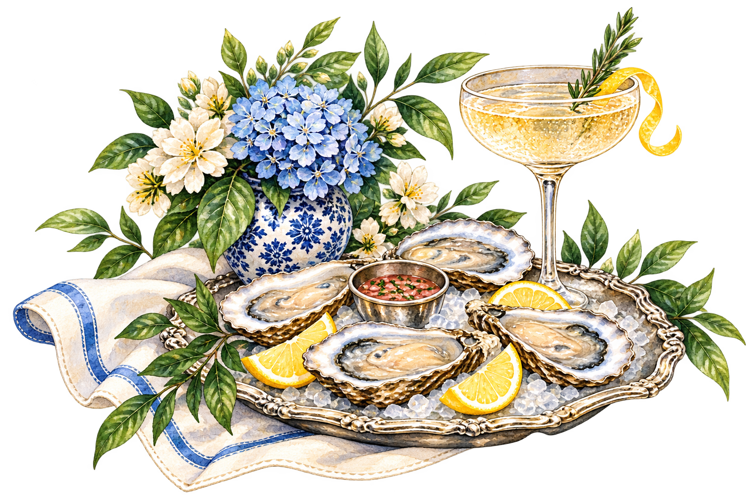 Watercolor oysters, cocktail, blue hydrangeas and flowers