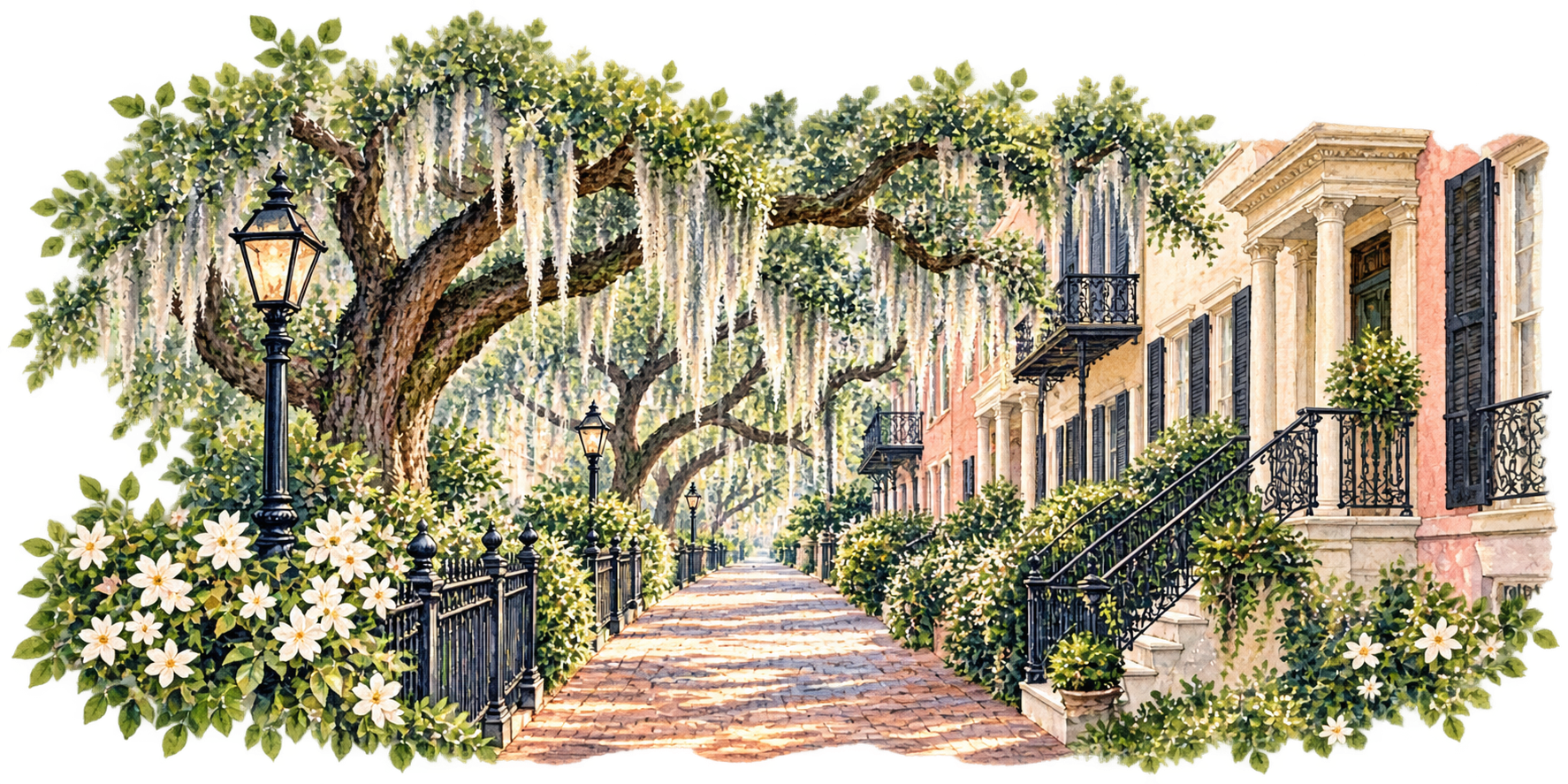 Watercolor Savannah street with historic homes, live oaks and Spanish moss