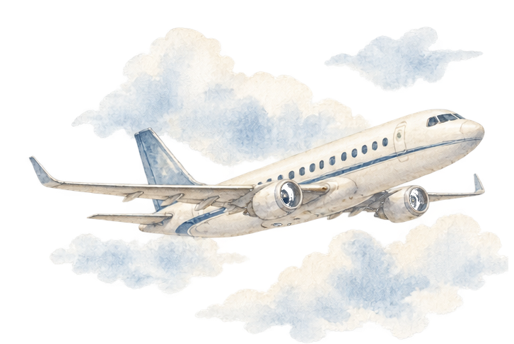 Watercolor airplane flying through soft blue clouds