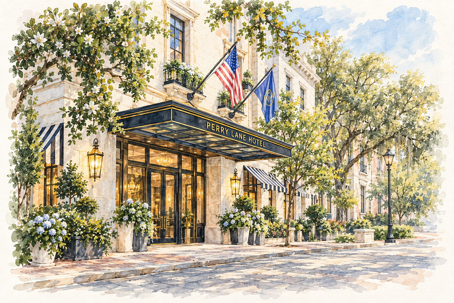Watercolor illustration of Perry Lane Hotel