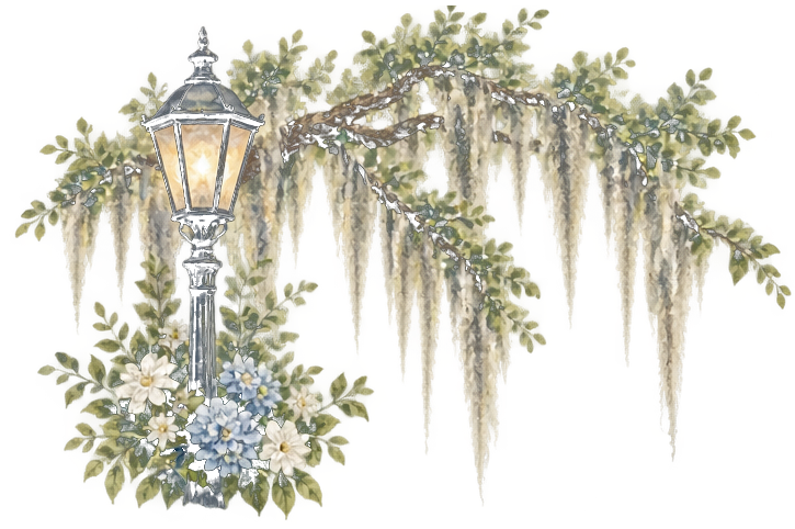 Watercolor Savannah street lamp beneath Spanish moss