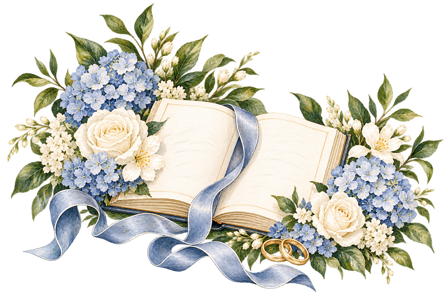 Watercolor ceremony book with blue ribbon, flowers and wedding rings