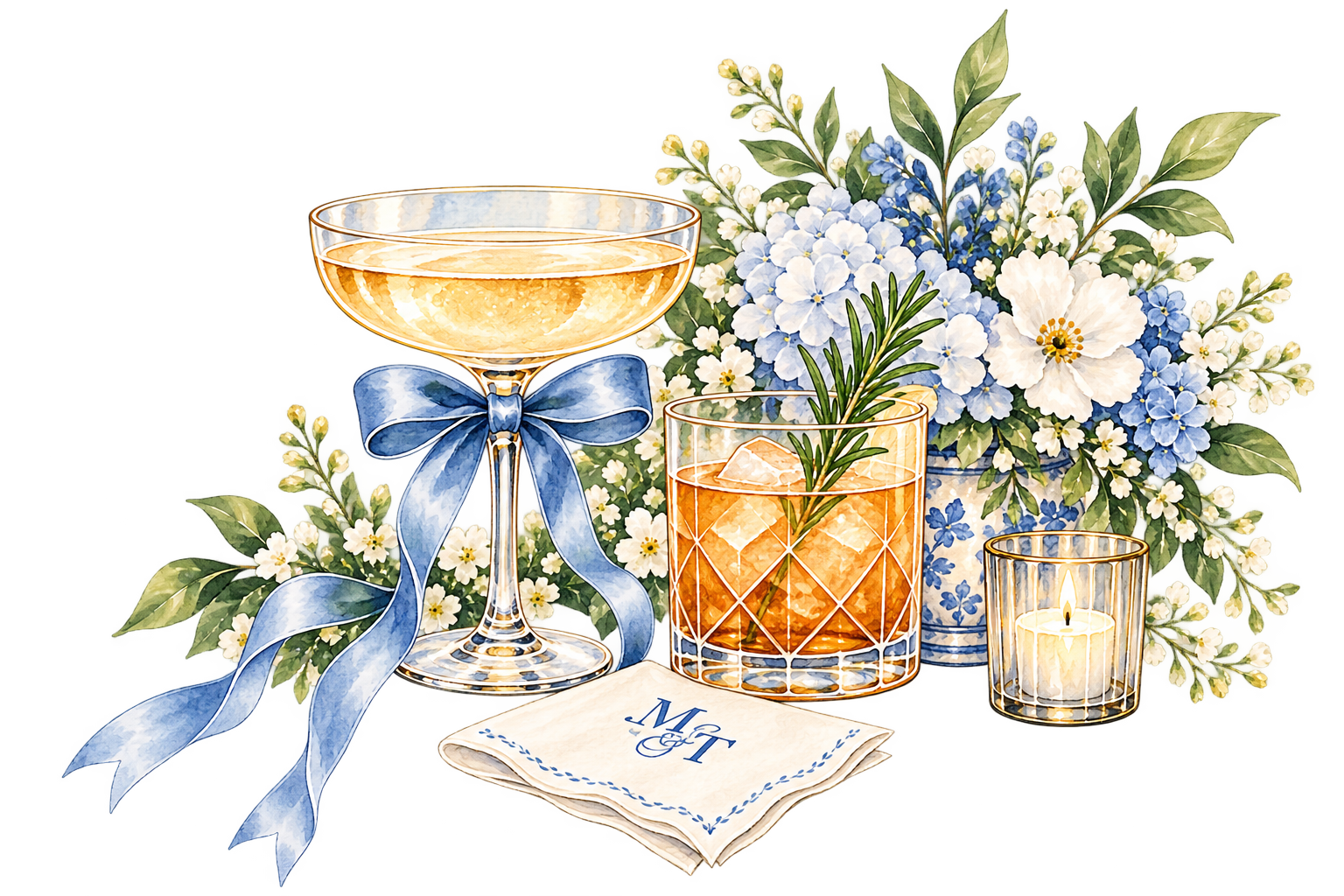 Watercolor champagne coupes tied with a French blue ribbon